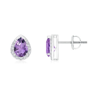 6x4mm A Pear-Shaped Amethyst Stud Earrings with Diamond Halo in White Gold