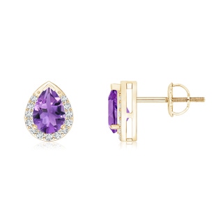 6x4mm AA Pear-Shaped Amethyst Stud Earrings with Diamond Halo in Yellow Gold