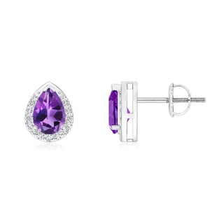 6x4mm AAA Pear-Shaped Amethyst Stud Earrings with Diamond Halo in P950 Platinum