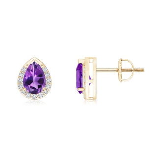 6x4mm AAA Pear-Shaped Amethyst Stud Earrings with Diamond Halo in Yellow Gold