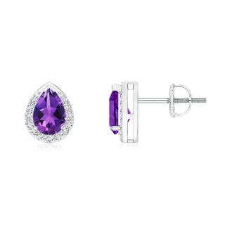 6x4mm AAAA Pear-Shaped Amethyst Stud Earrings with Diamond Halo in White Gold