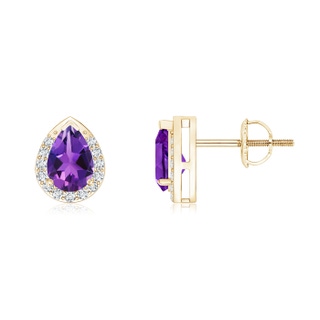 6x4mm AAAA Pear-Shaped Amethyst Stud Earrings with Diamond Halo in Yellow Gold