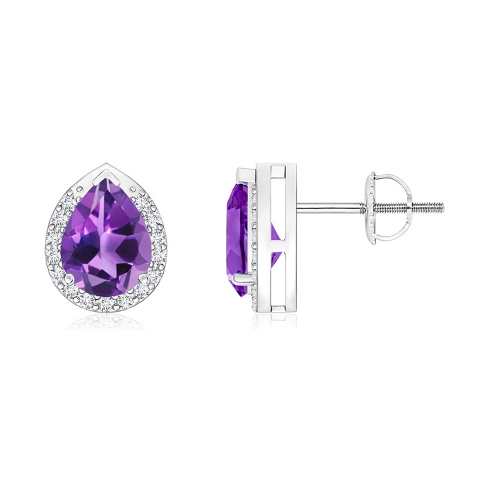 7x5mm AAA Pear-Shaped Amethyst Stud Earrings with Diamond Halo in White Gold 