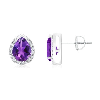 7x5mm AAAA Pear-Shaped Amethyst Stud Earrings with Diamond Halo in P950 Platinum