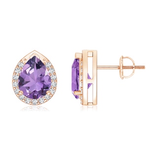 8x6mm A Pear-Shaped Amethyst Stud Earrings with Diamond Halo in Rose Gold