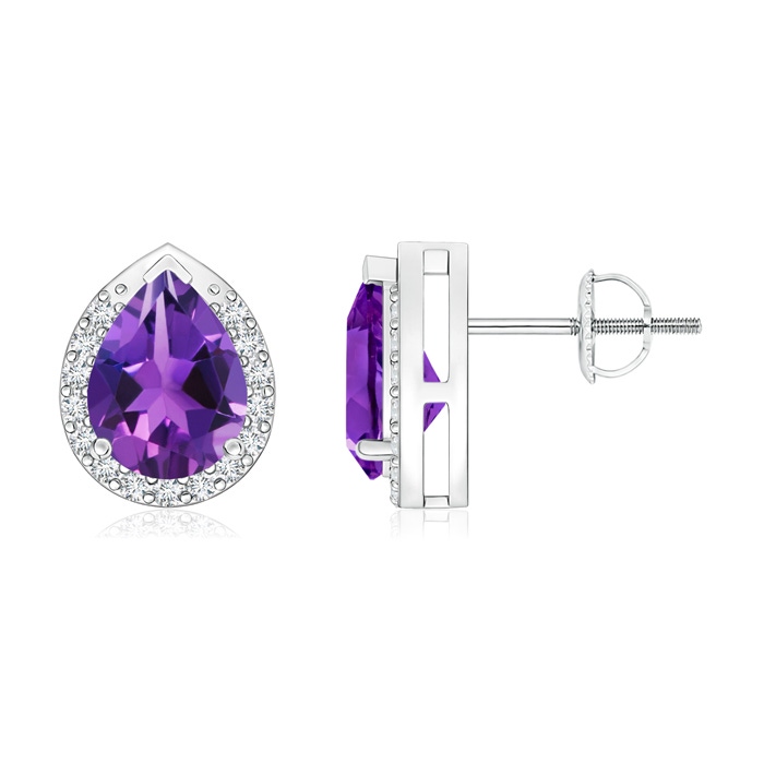 8x6mm AAAA Pear-Shaped Amethyst Stud Earrings with Diamond Halo in White Gold 