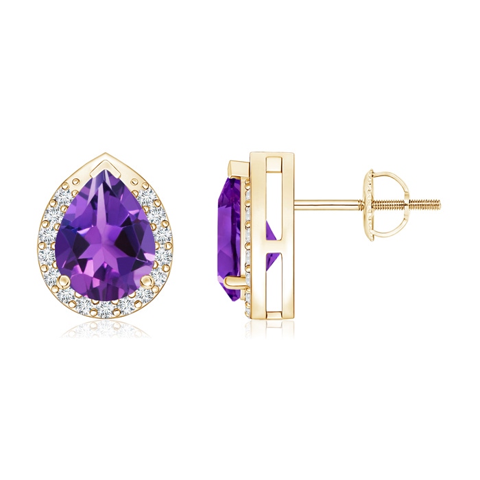 8x6mm AAAA Pear-Shaped Amethyst Stud Earrings with Diamond Halo in Yellow Gold 