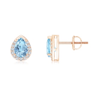 6x4mm AAA Pear-Shaped Aquamarine Stud Earrings with Diamond Halo in Rose Gold