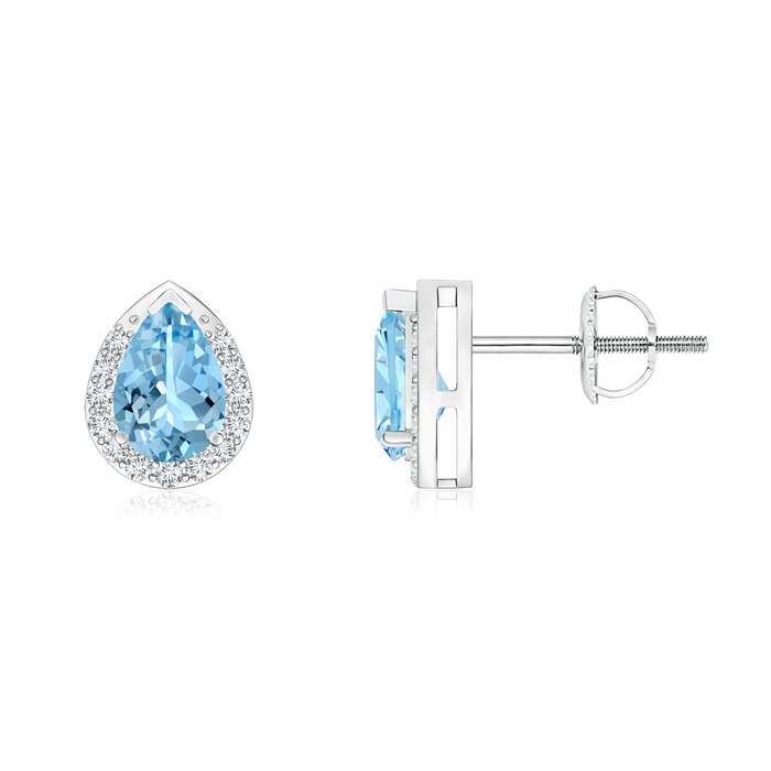 6x4mm AAAA Pear-Shaped Aquamarine Stud Earrings with Diamond Halo in P950 Platinum