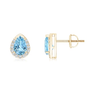 6x4mm AAAA Pear-Shaped Aquamarine Stud Earrings with Diamond Halo in Yellow Gold