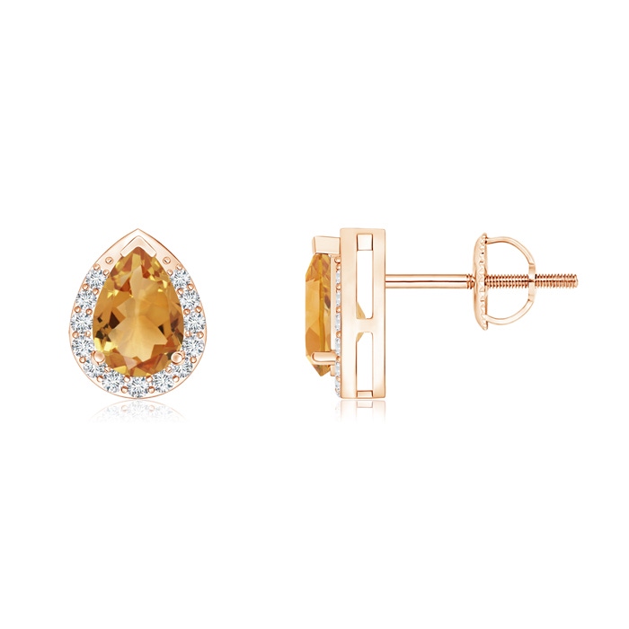 6x4mm A Pear-Shaped Citrine Stud Earrings with Diamond Halo in Rose Gold 