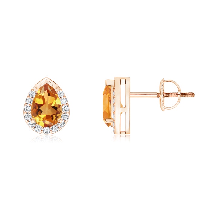 6x4mm AA Pear-Shaped Citrine Stud Earrings with Diamond Halo in Rose Gold 