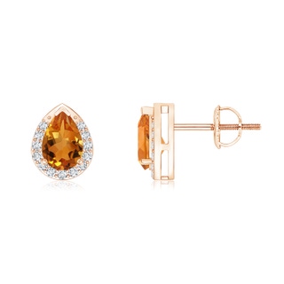 6x4mm AAA Pear-Shaped Citrine Stud Earrings with Diamond Halo in 9K Rose Gold