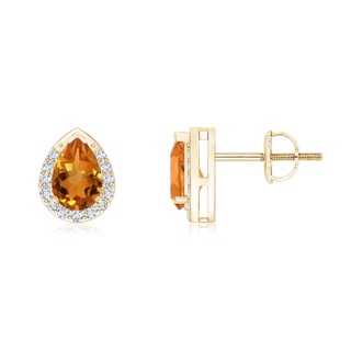 6x4mm AAA Pear-Shaped Citrine Stud Earrings with Diamond Halo in Yellow Gold