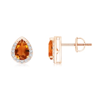 6x4mm AAAA Pear-Shaped Citrine Stud Earrings with Diamond Halo in 9K Rose Gold