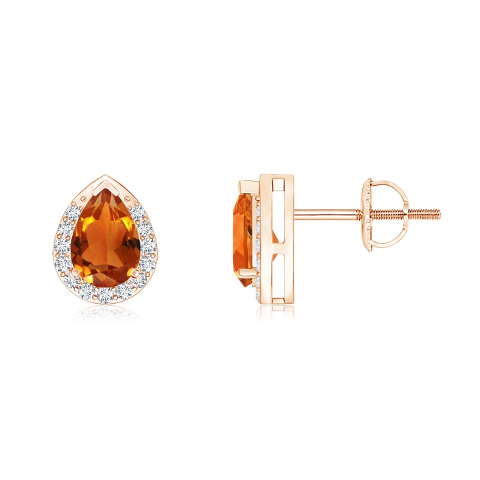 6x4mm AAAA Pear-Shaped Citrine Stud Earrings with Diamond Halo in Rose Gold