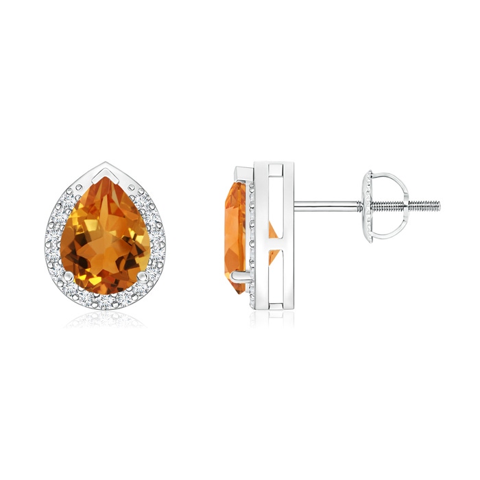 7x5mm AAA Pear-Shaped Citrine Stud Earrings with Diamond Halo in White Gold