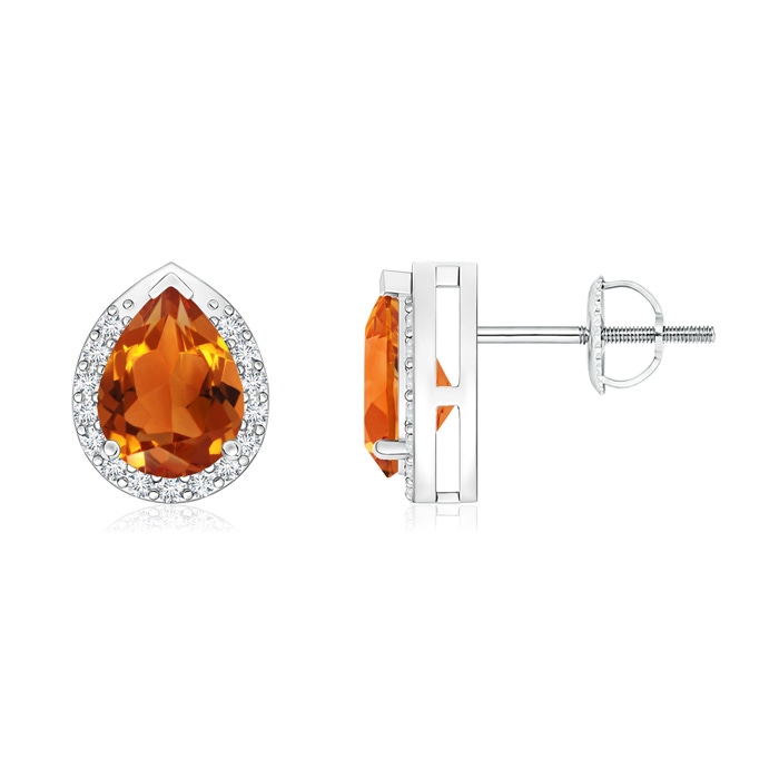 7x5mm AAAA Pear-Shaped Citrine Stud Earrings with Diamond Halo in P950 Platinum 