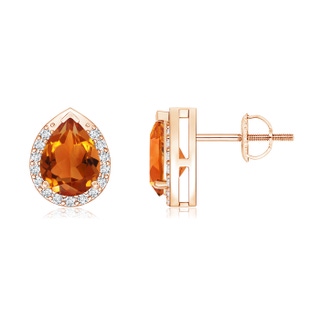 7x5mm AAAA Pear-Shaped Citrine Stud Earrings with Diamond Halo in Rose Gold