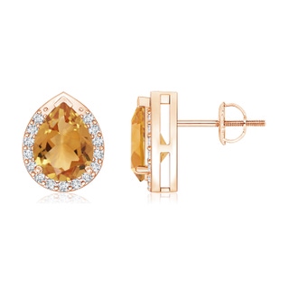 8x6mm A Pear-Shaped Citrine Stud Earrings with Diamond Halo in Rose Gold