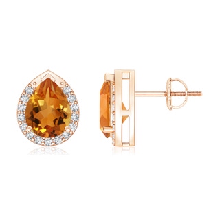 8x6mm AAA Pear-Shaped Citrine Stud Earrings with Diamond Halo in Rose Gold