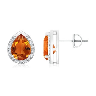 8x6mm AAAA Pear-Shaped Citrine Stud Earrings with Diamond Halo in P950 Platinum