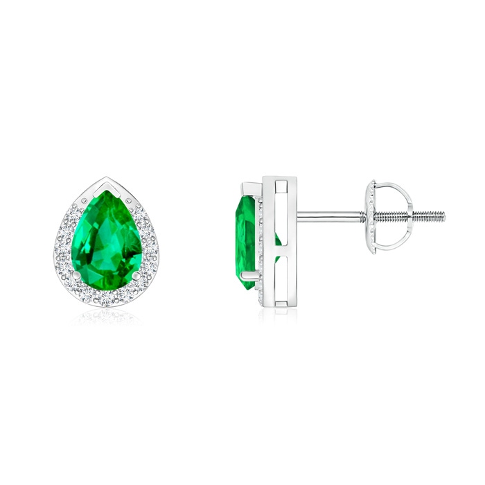 6x4mm AAA Pear-Shaped Emerald Stud Earrings with Diamond Halo in White Gold