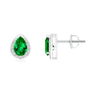 6x4mm AAAA Pear-Shaped Emerald Stud Earrings with Diamond Halo in P950 Platinum