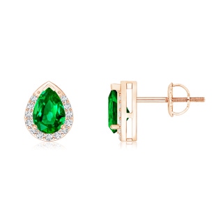 6x4mm AAAA Pear-Shaped Emerald Stud Earrings with Diamond Halo in Rose Gold