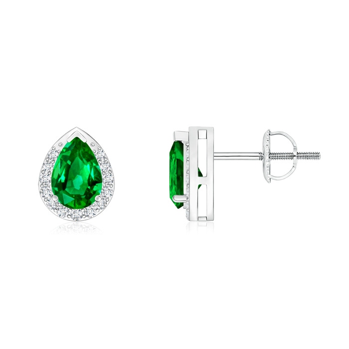 6x4mm AAAA Pear-Shaped Emerald Stud Earrings with Diamond Halo in White Gold