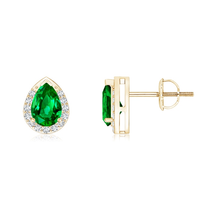 6x4mm AAAA Pear-Shaped Emerald Stud Earrings with Diamond Halo in Yellow Gold