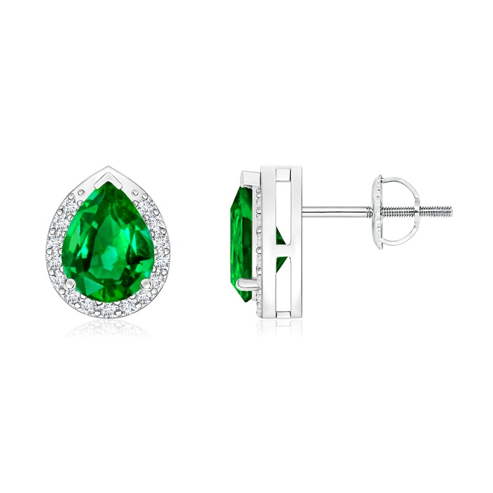 7x5mm Lab-Grown Pear-Shaped Emerald Stud Earrings with Diamond Halo in White Gold