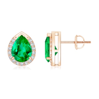 8x6mm AAA Pear-Shaped Emerald Stud Earrings with Diamond Halo in Rose Gold
