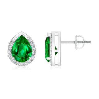 8x6mm AAAA Pear-Shaped Emerald Stud Earrings with Diamond Halo in P950 Platinum