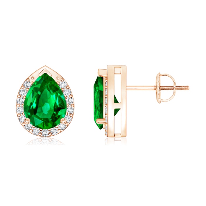 8x6mm Lab-Grown Pear-Shaped Emerald Stud Earrings with Diamond Halo in Rose Gold 