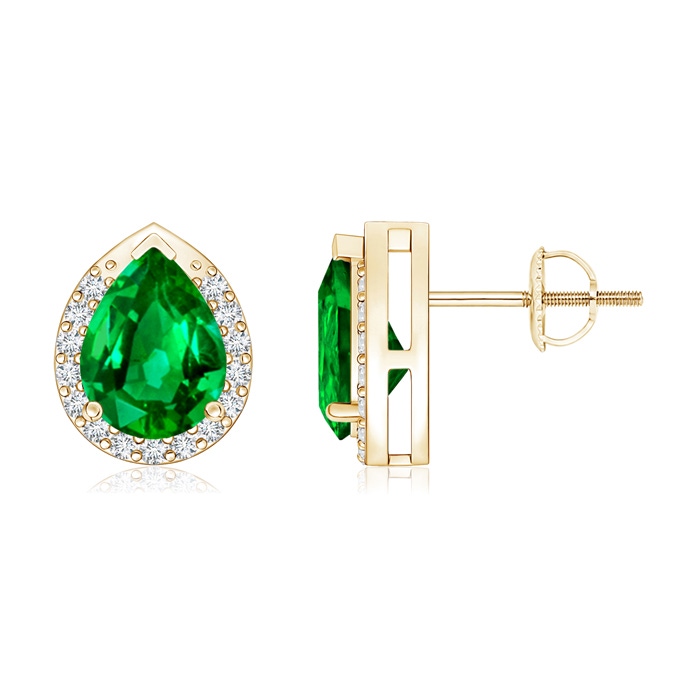 8x6mm Lab-Grown Pear-Shaped Emerald Stud Earrings with Diamond Halo in Yellow Gold 