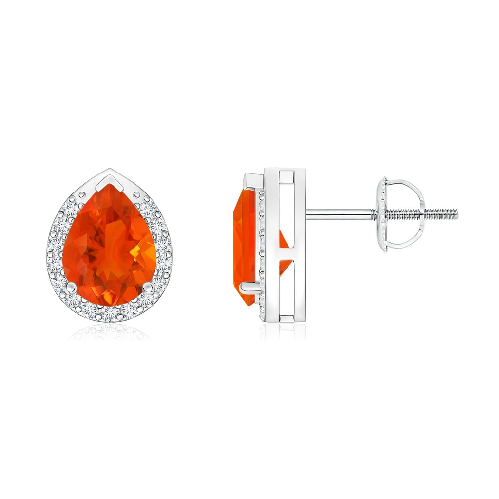 7x5mm AAA Pear-Shaped Fire Opal Stud Earrings with Diamond Halo in White Gold
