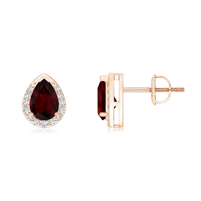 6x4mm A Pear-Shaped Garnet Stud Earrings with Diamond Halo in Rose Gold 