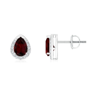 6x4mm A Pear-Shaped Garnet Stud Earrings with Diamond Halo in White Gold