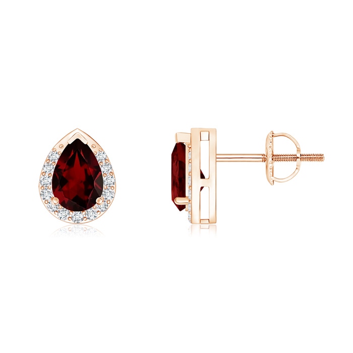 6x4mm AA Pear-Shaped Garnet Stud Earrings with Diamond Halo in Rose Gold 