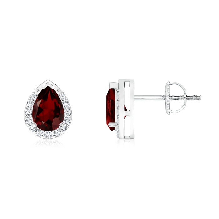 6x4mm AAA Pear-Shaped Garnet Stud Earrings with Diamond Halo in White Gold