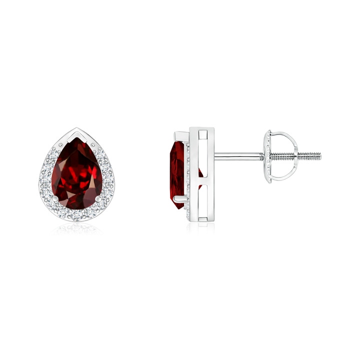 6x4mm AAAA Pear-Shaped Garnet Stud Earrings with Diamond Halo in P950 Platinum 