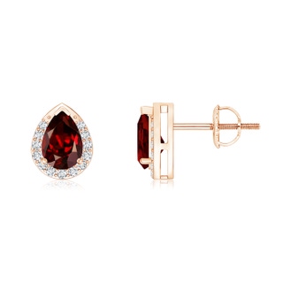 6x4mm AAAA Pear-Shaped Garnet Stud Earrings with Diamond Halo in Rose Gold