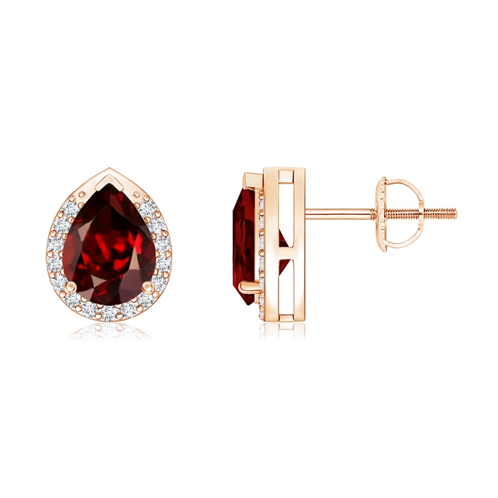 7x5mm AAAA Pear-Shaped Garnet Stud Earrings with Diamond Halo in Rose Gold 