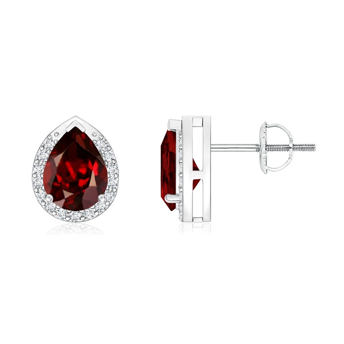 7x5mm AAAA Pear-Shaped Garnet Stud Earrings with Diamond Halo in White Gold 