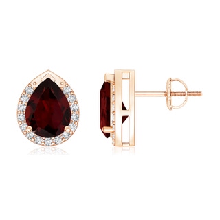 8x6mm A Pear-Shaped Garnet Stud Earrings with Diamond Halo in Rose Gold