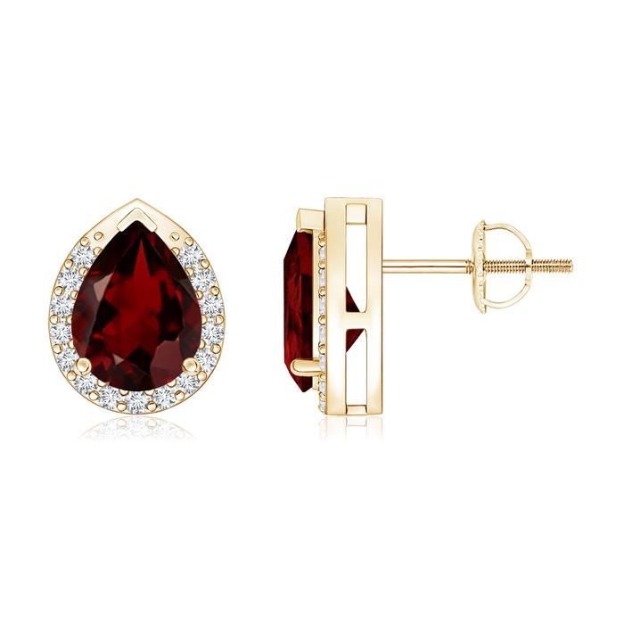 8x6mm AAA Pear-Shaped Garnet Stud Earrings with Diamond Halo in Yellow Gold 