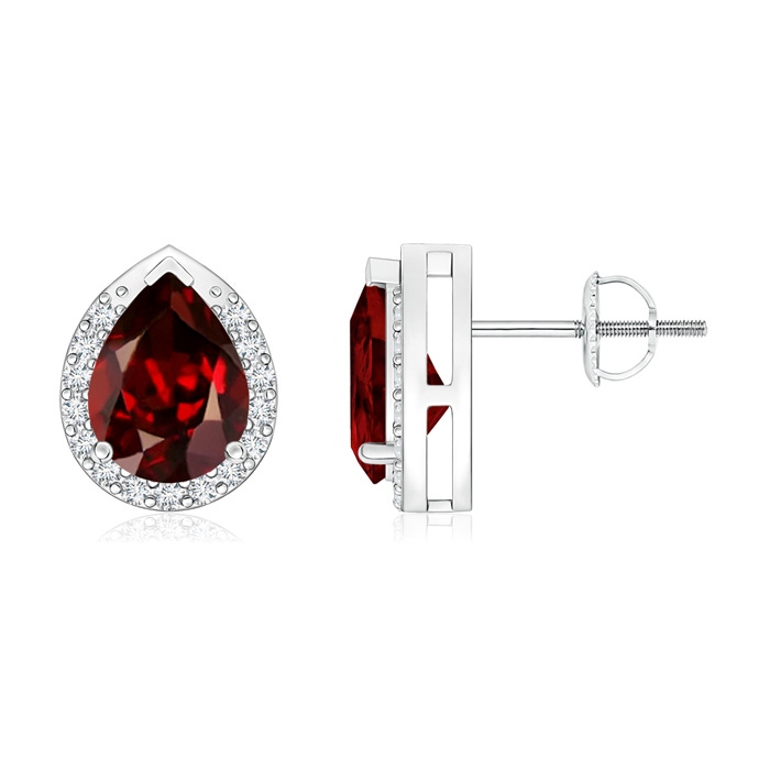 8x6mm AAAA Pear-Shaped Garnet Stud Earrings with Diamond Halo in P950 Platinum 