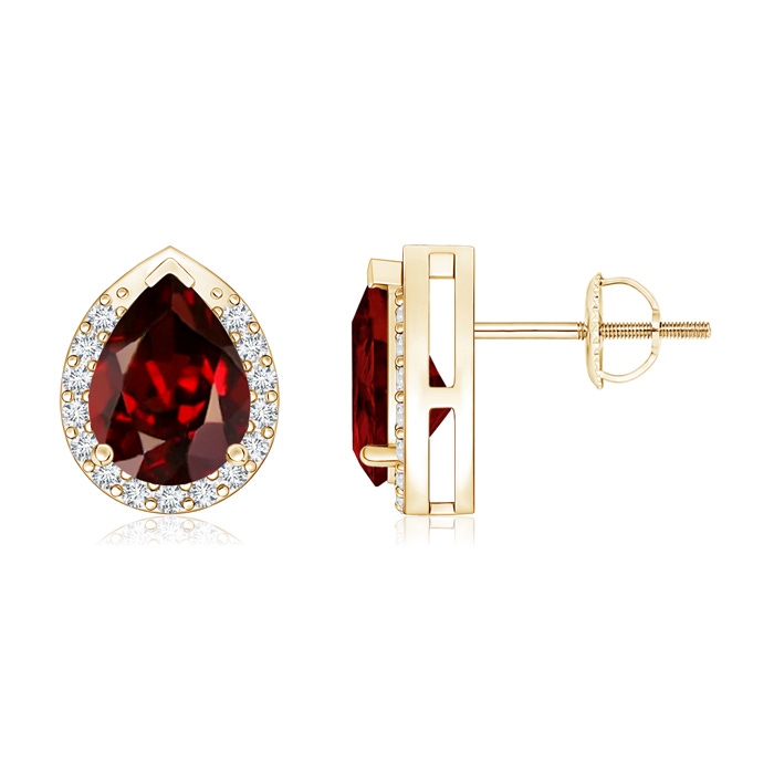 8x6mm AAAA Pear-Shaped Garnet Stud Earrings with Diamond Halo in Yellow Gold