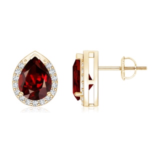 8x6mm AAAA Pear-Shaped Garnet Stud Earrings with Diamond Halo in Yellow Gold